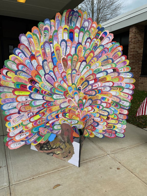 Jefferson students made paper feathers listing what they are thankful for and created this turkey 