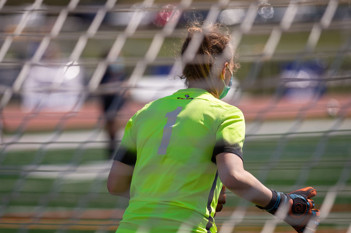 Senior Charlotte Maggio in goal for the Blue Devils. (Darin Reed photo.)