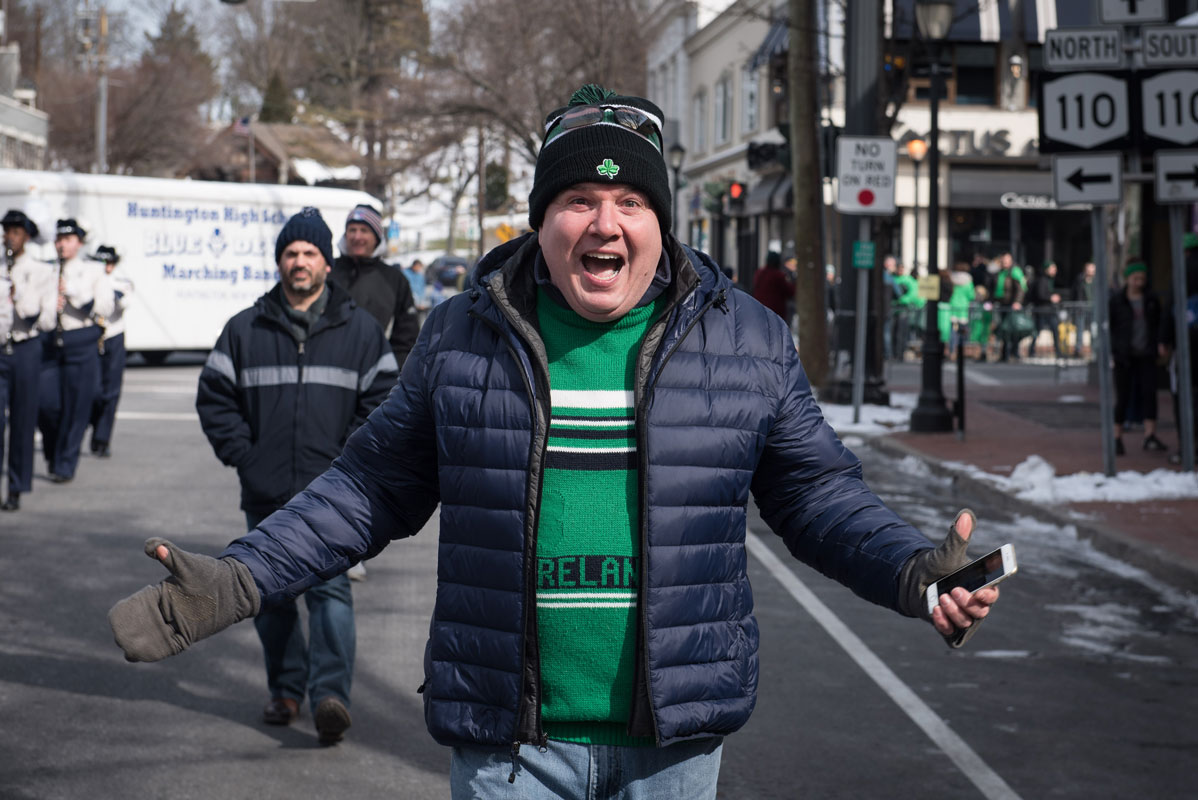 Tom DiGiacomo shows his enthusiasm at the 2017 St. Patrick's Day Parade (Darin Reed photo.)