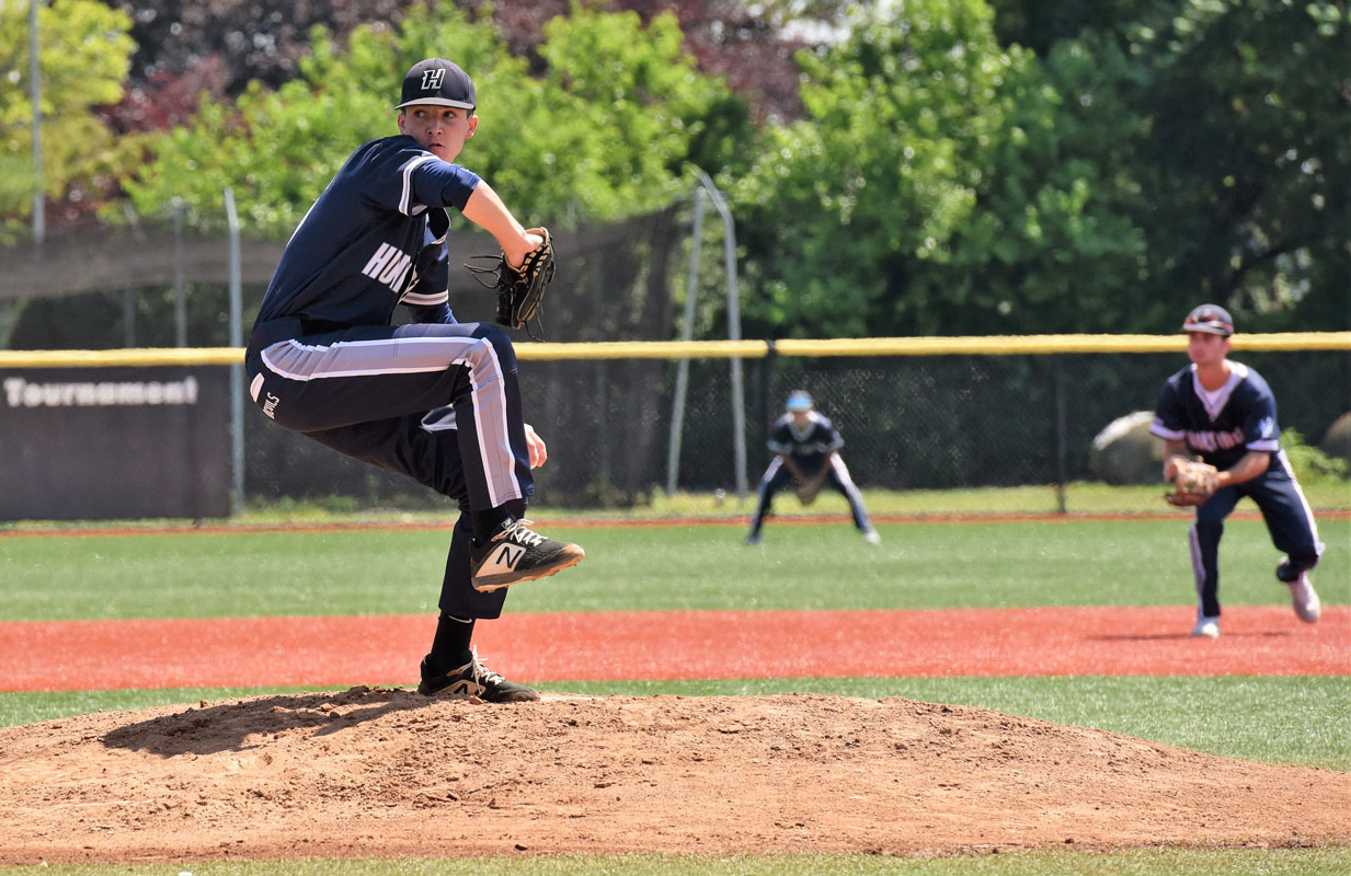 Palmer O'Beirne on the mound in Sunday's Long Island championship game at Mitchel Athletic Complex in Uniondale.
