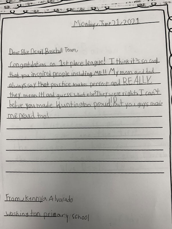 The third graders wrote letters to the Blue Devil baseball team 