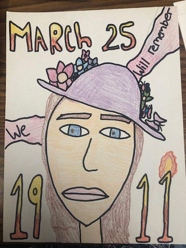 Finley English students created heartfelt images related to the Triangle Shirtwaist Factory fire and the virtual play they viewed 