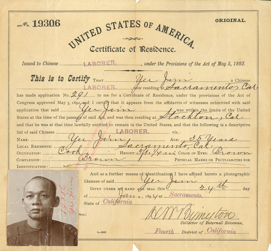 The 1892 Geary Act required Chinese-Americans to carry a Certificate of Residence.