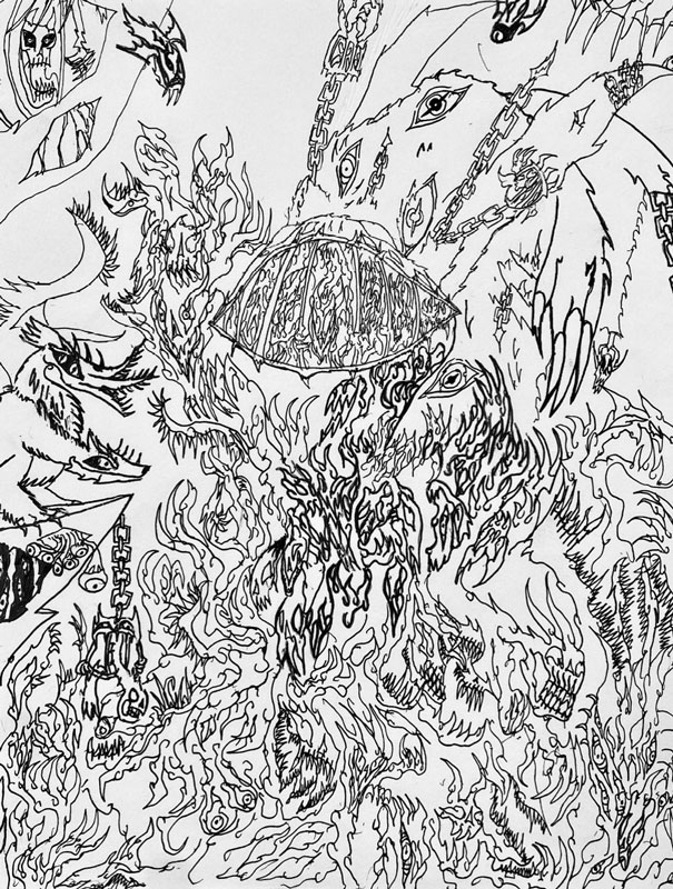 Sebastien Simon's pen and ink sketch titled Sea Of Demons.