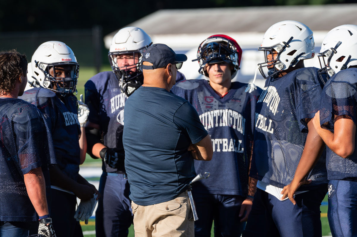Steve Muller talks to his troops during the scrimmage with Bay Shore. (Darin Reed photo.)