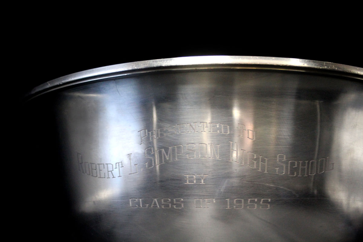 The silver punch bowl presented to Robert L. Simpson High School by the Class of 1955 