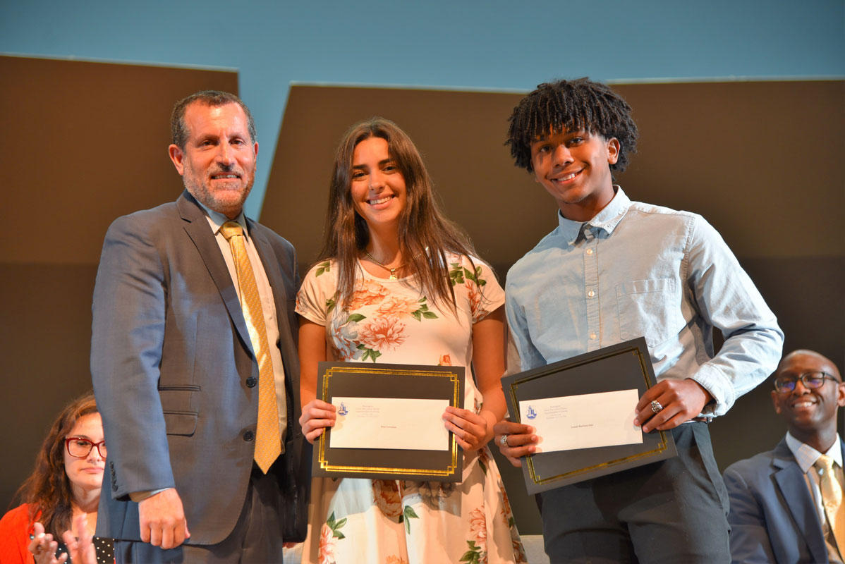 Huntington Superintendent James W. Polansky with Nina Varvatsas and Leonid Martinez 