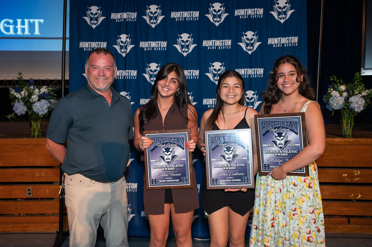 Blue Devil coach John Walsh with Sophia Toscano, Cynthia Contreras and Maddy Bavaro. (Darin Reed photo.)