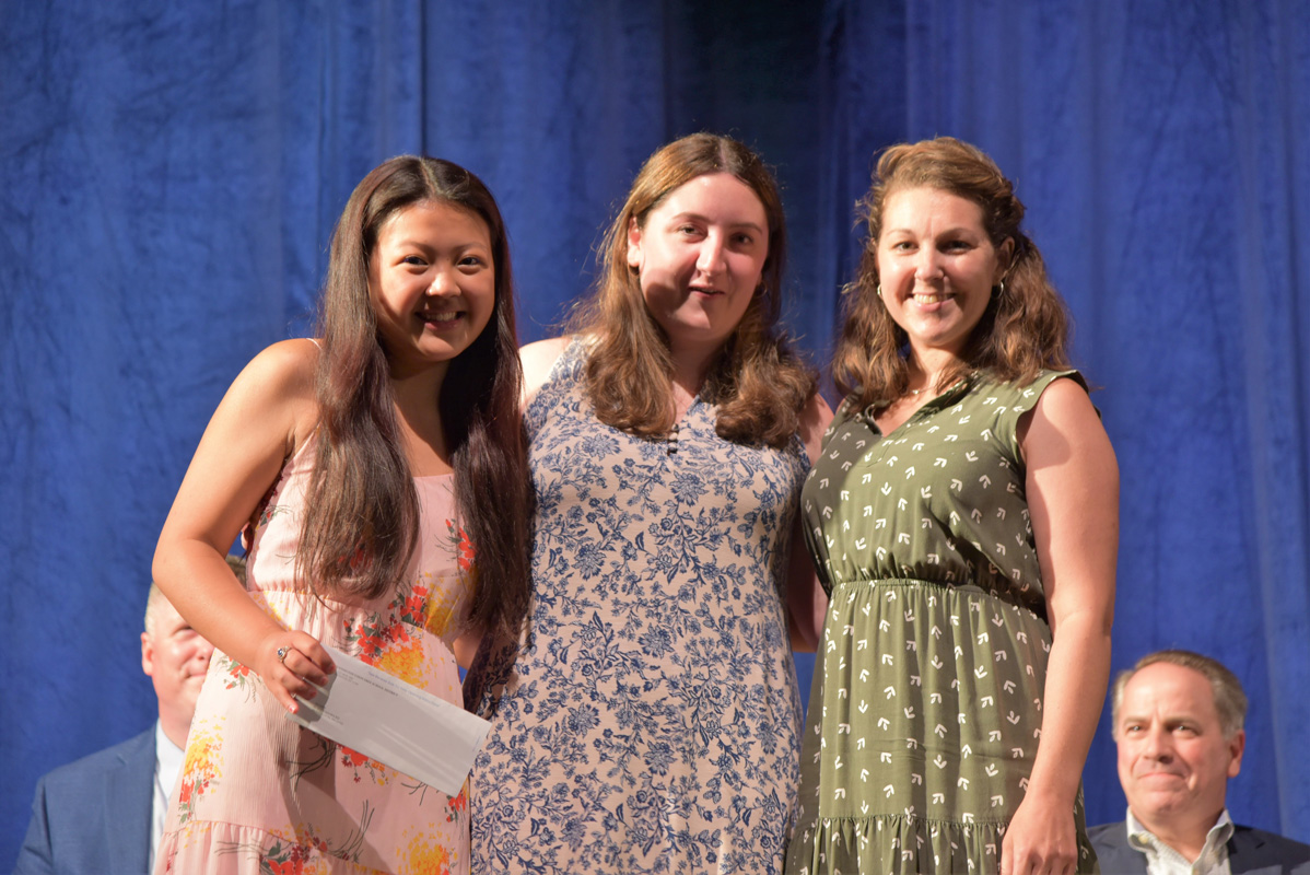 Latin Award recipients Erin Ye and Grace Colavecchio with teacher Kristin Fortunato 