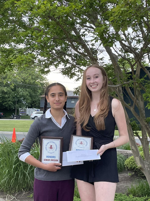  Jasjeet Kaur and Shannon Kehoe with their LI Science Congress and Suffolk Science Teacher Assn. awards. 