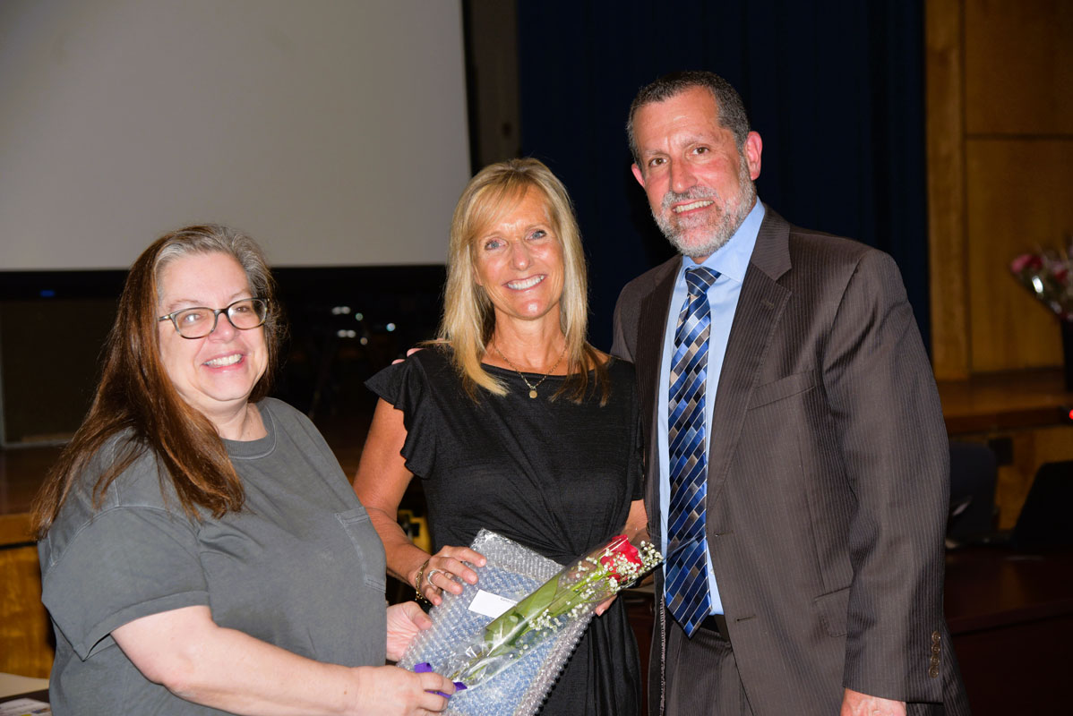 Retiring music teacher Karen Cronin with School Board President Christine Biernacki and Supt. Jim Polansky 