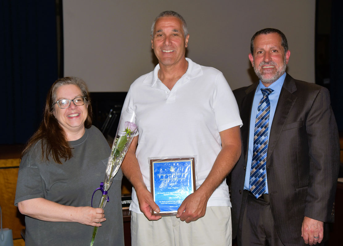 Retiring Finley head custodian John Pagano with School Board President Christine Biernacki and Supt. Jim Polansky.