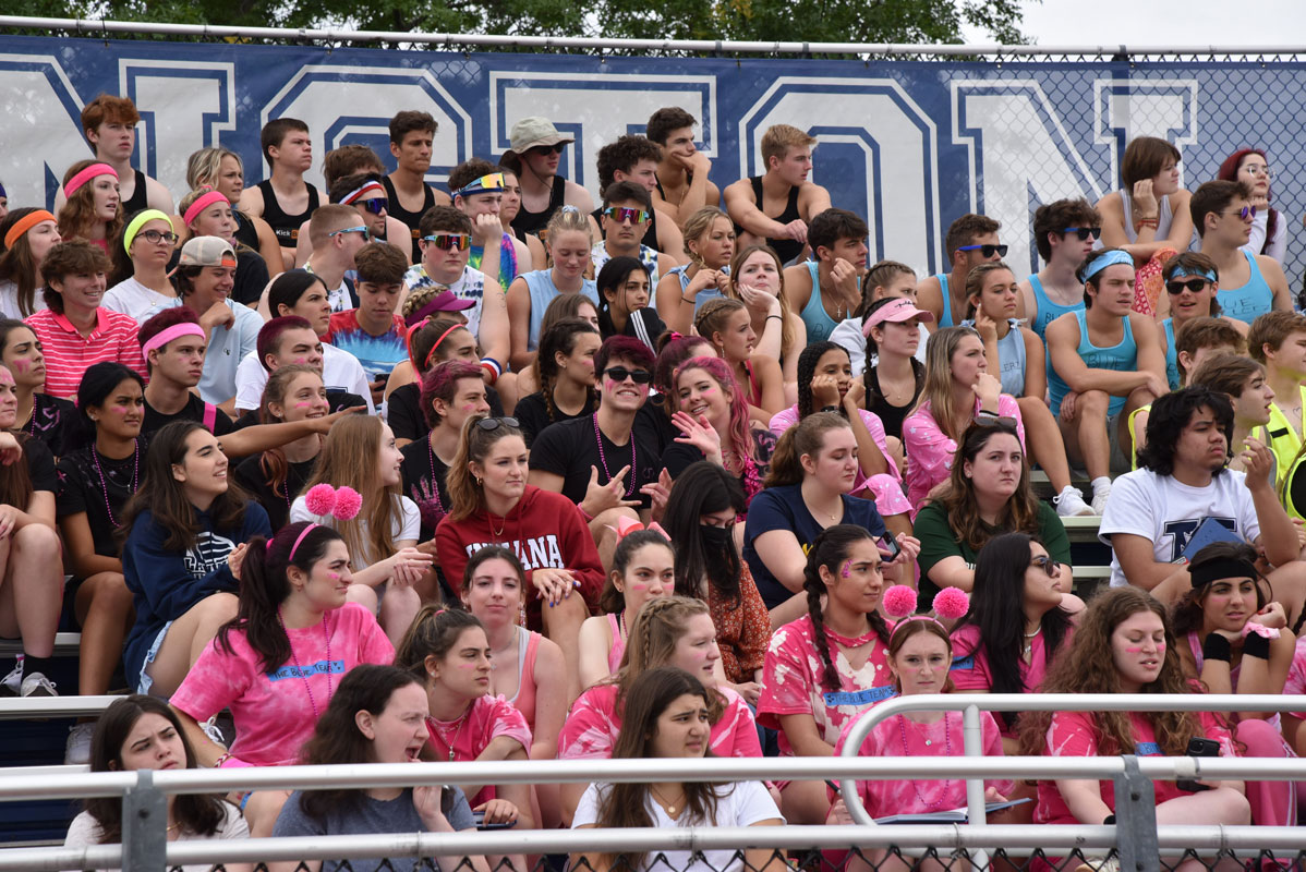 The seniors packed the bleachers for a pre field day orientation 