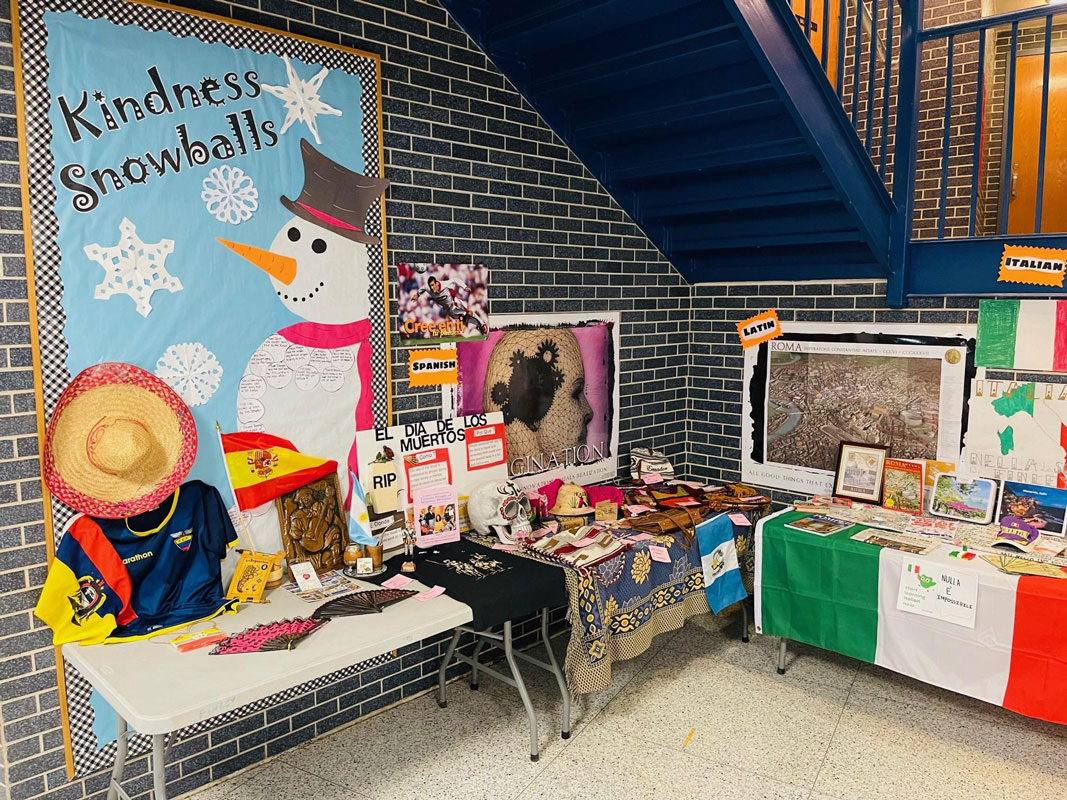 Cultural artifact and language displays.