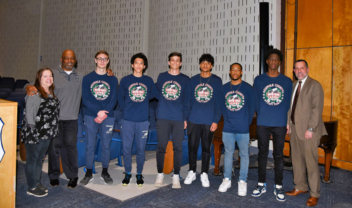 Huntington's All-State boys' track athletes with Coach Ron Wilson, Supt. Jim Polansky and BOE President Christine Biernacki.