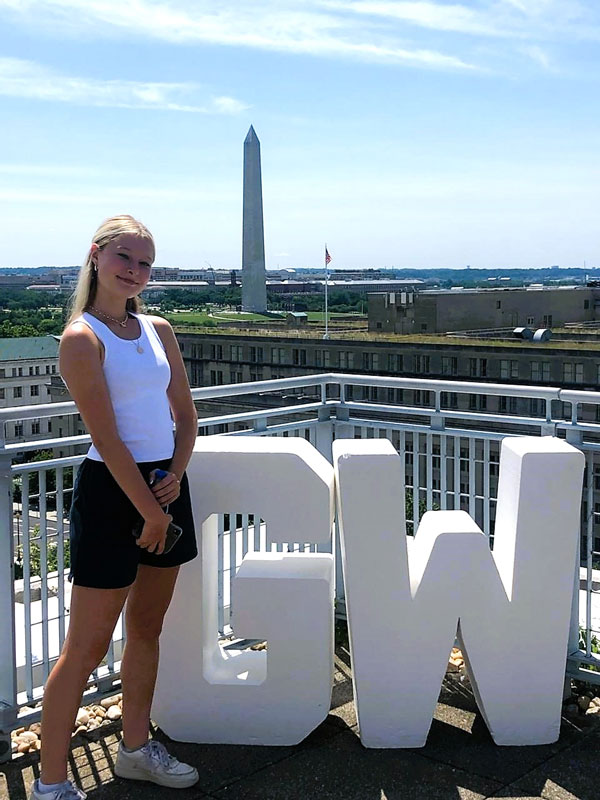 Emily Geller stands overlooking Washington, DC from the GWU campus.