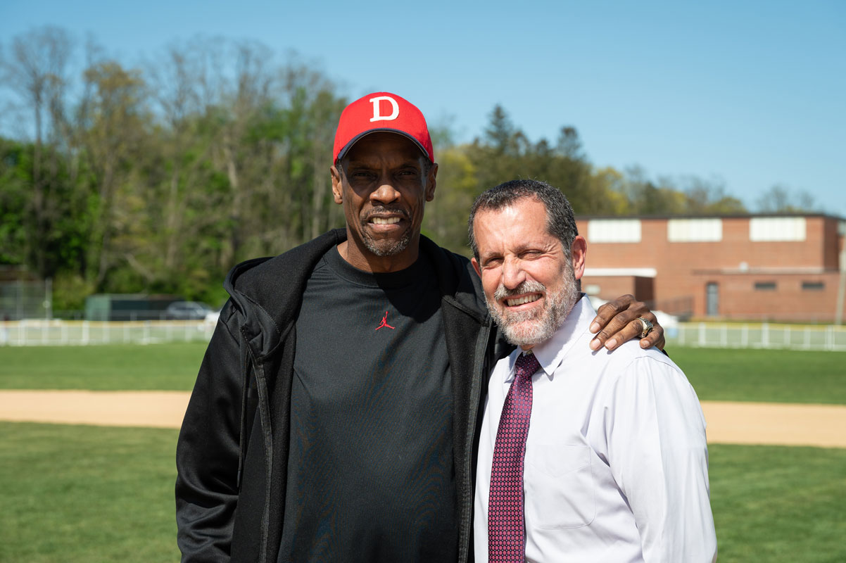 Doc Gooden and Jim Polansky on the Huntington baseball field. (Darin Reed photo.)