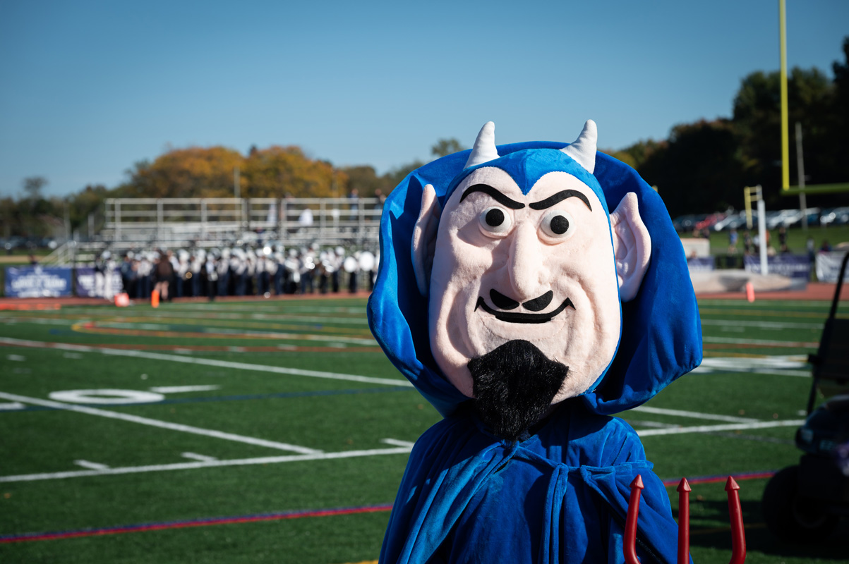 Blue Devil mascot at Blue Devil Stadium on Homecoming Day 2022. (Darin Reed photo.)