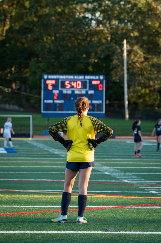  All-League junior Reese Rinaldi patrols the goal for Huntington. (Darin Reed photo.) 