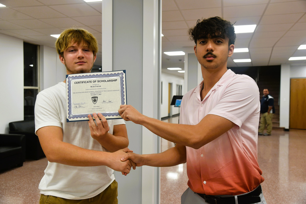 New Science Honor Society member Ryan Curran with executive officer Evan Spagnoletti. 