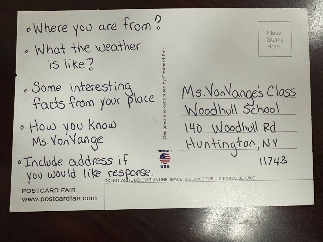 Allison Von Vange's fifth graders are collecting post cards from around the world.