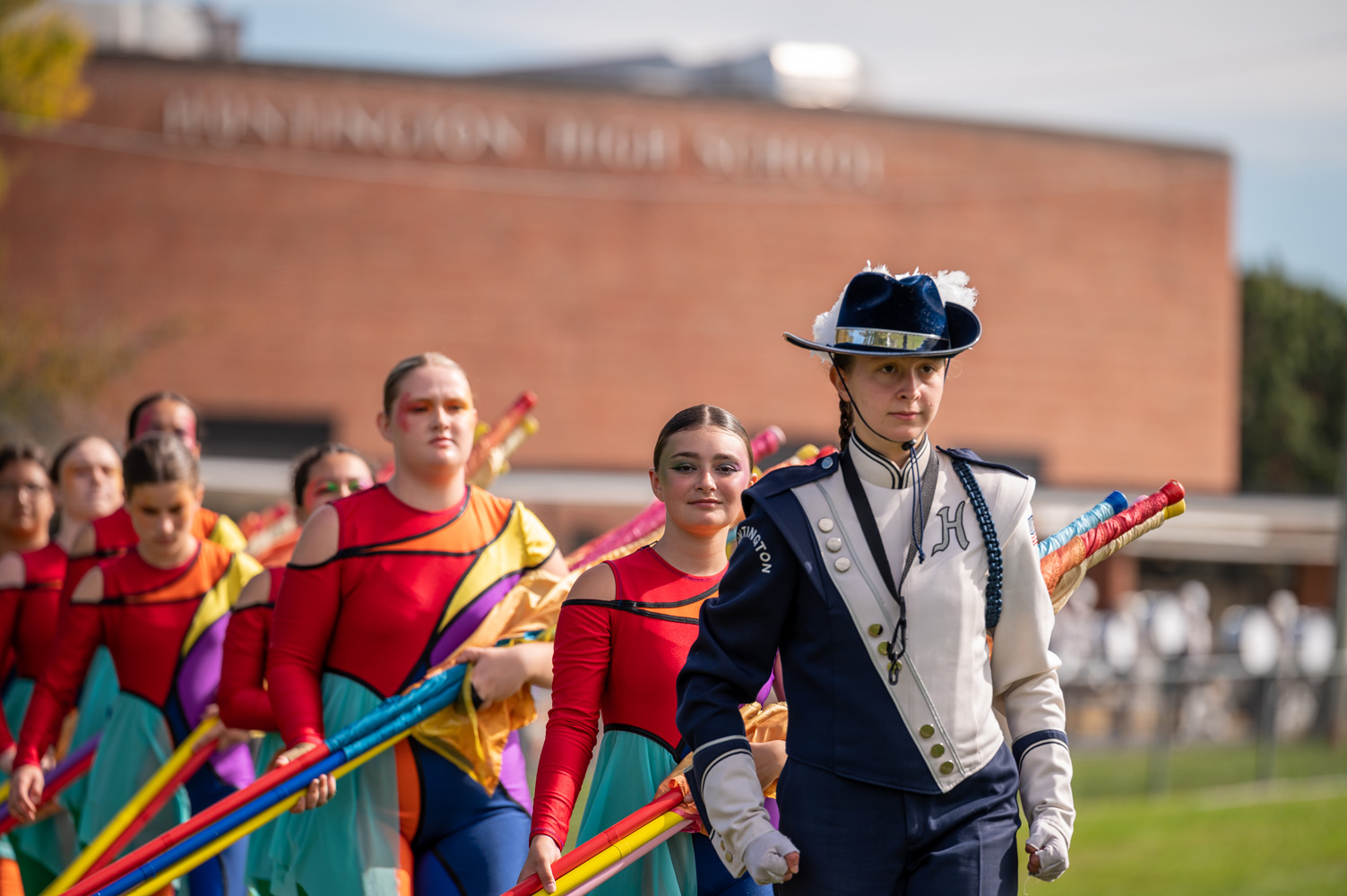  Field major Rachel Morina marches toward Blue Devil Stadium. (Darin Reed photo.)  