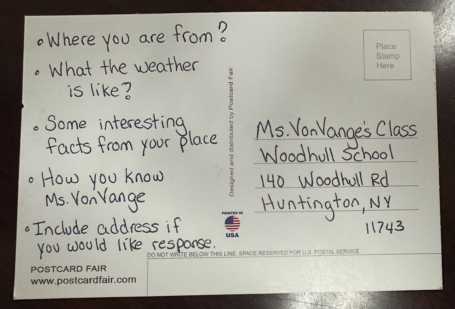  Allison Von Vange's fifth graders are collecting post cards from around the world. 