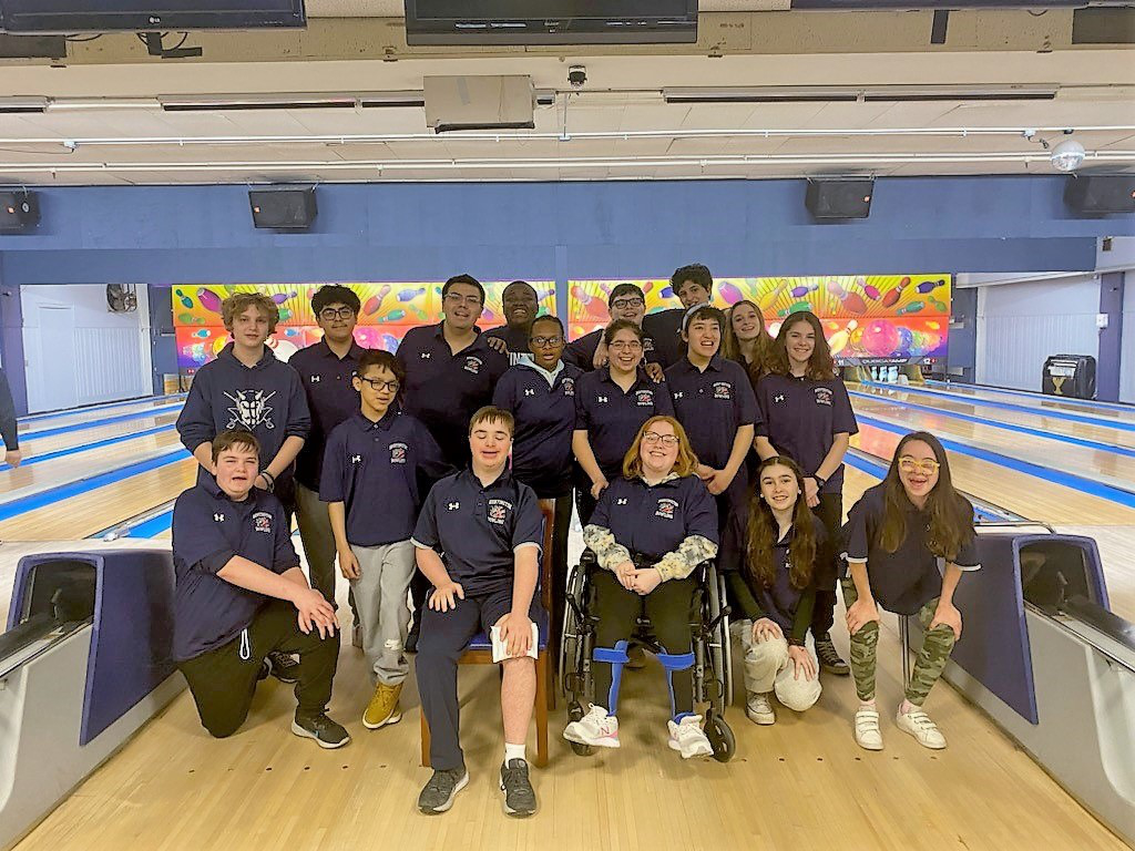  A group of Blue Devil varsity Unified bowling team members.  