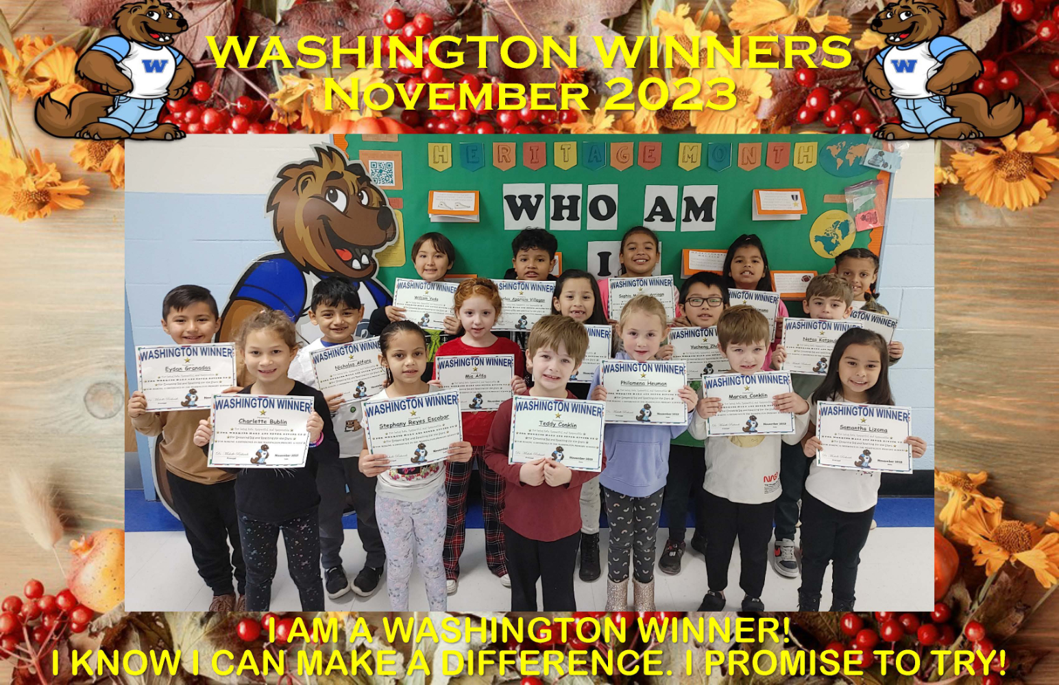  Washington Primary School's student award recipients for November 2023.  