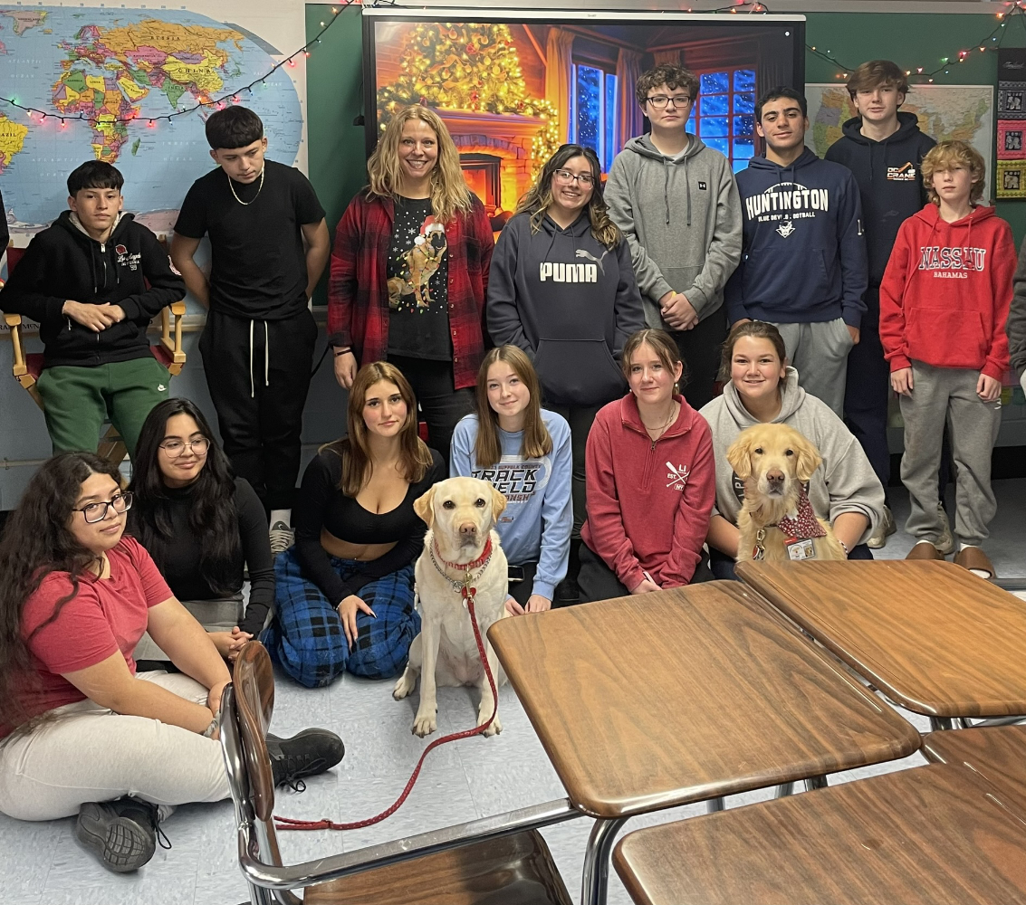  Global History students with the two therapy dogs.  