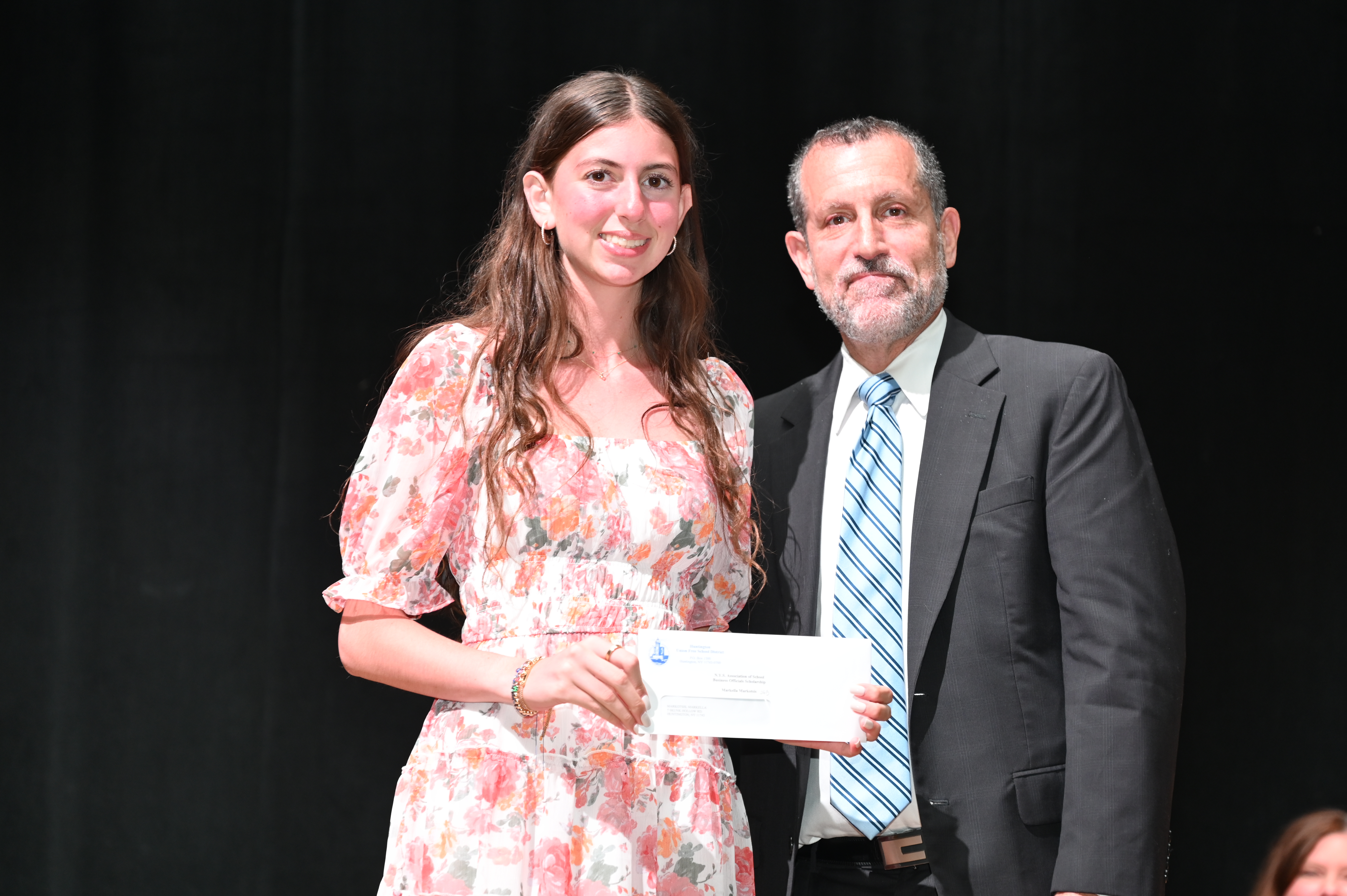  New York State Assn. of School Business Officials scholarship recipient Markella Markotsis with Superintendent James W. Polansky.   