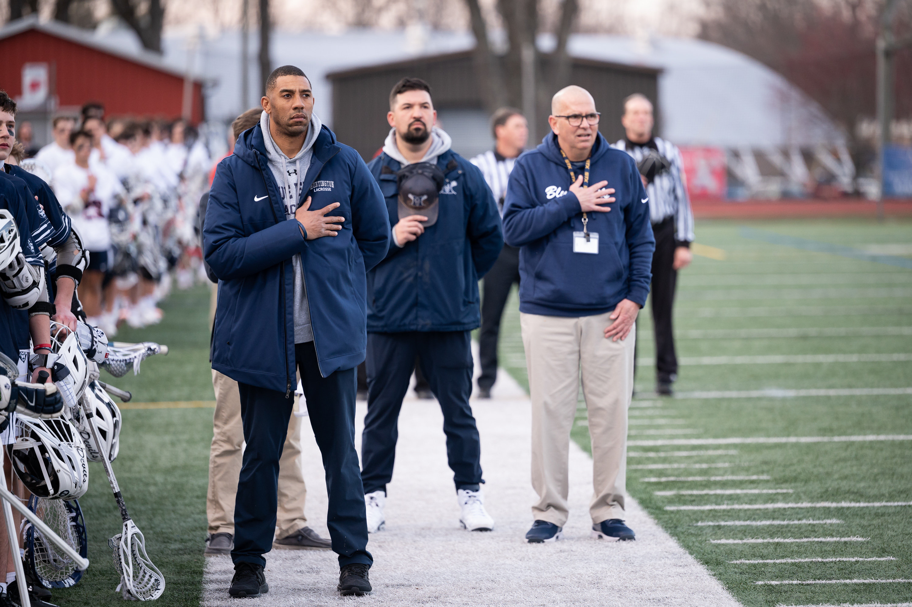 Blue Devil lacrosse coaches Julian Watts, Andrew Gutierrez and George Powers. (Darin Reed photo.)