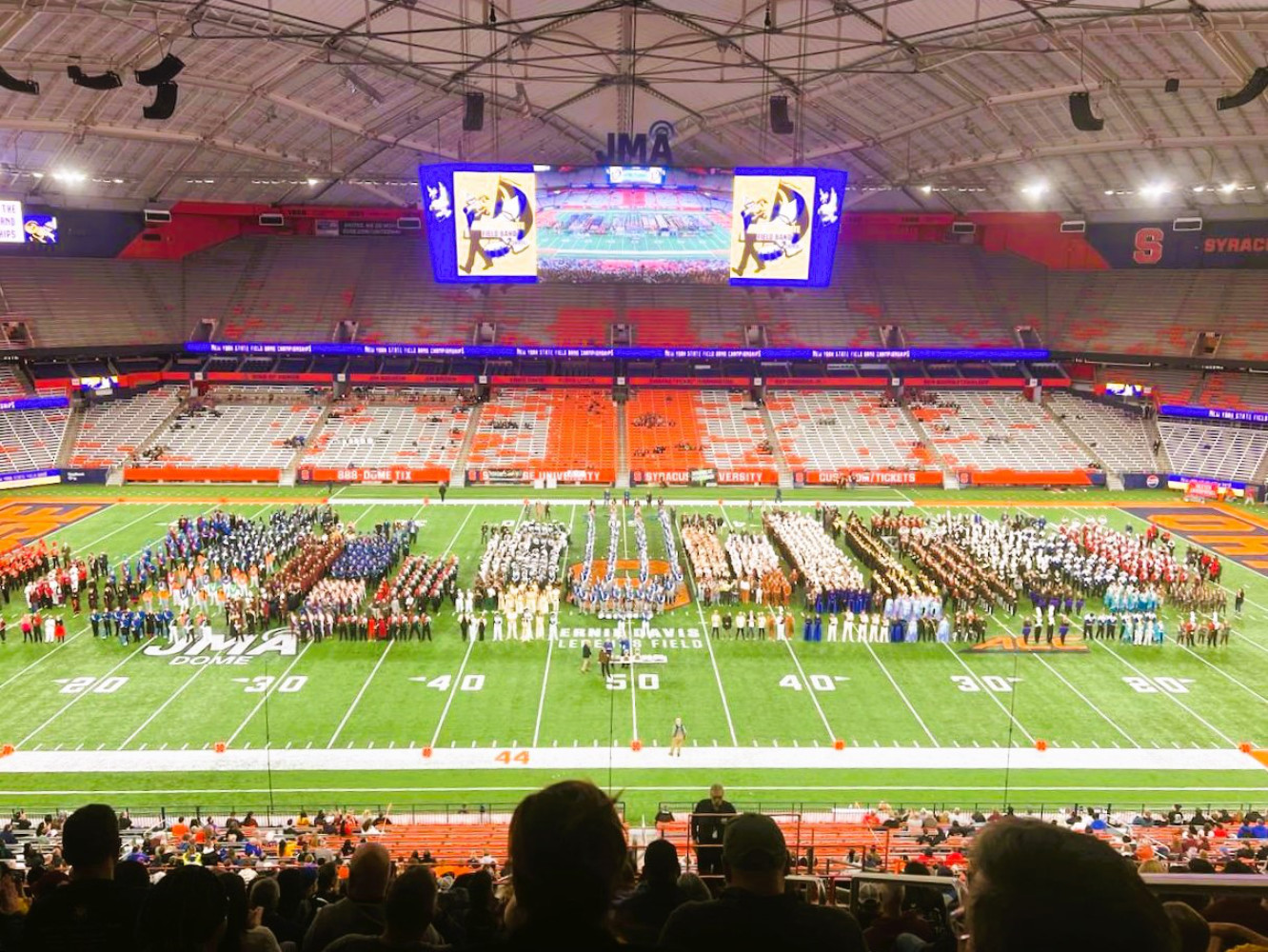  The Huntington Blue Devil marching band on the field at the state championship   