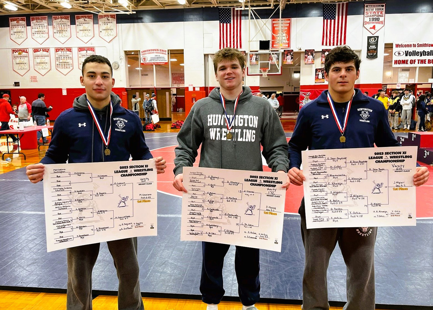  Huntington's league wrestling champs Max Casiano, Zach Zboray and Joe Algieri.  