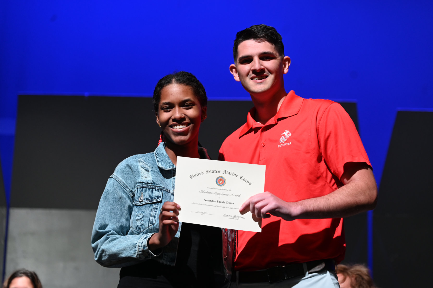  US Marine Corps Sergeant Brian Restivo with Semper Fidelis Award winner Neurdia Osias    