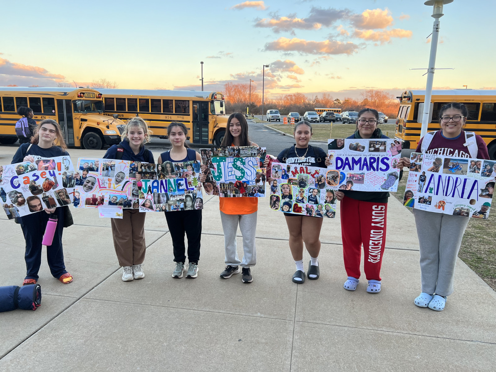  Huntington winter girls' track's seven seniors outside Suffolk West arena in  Brentwood.  