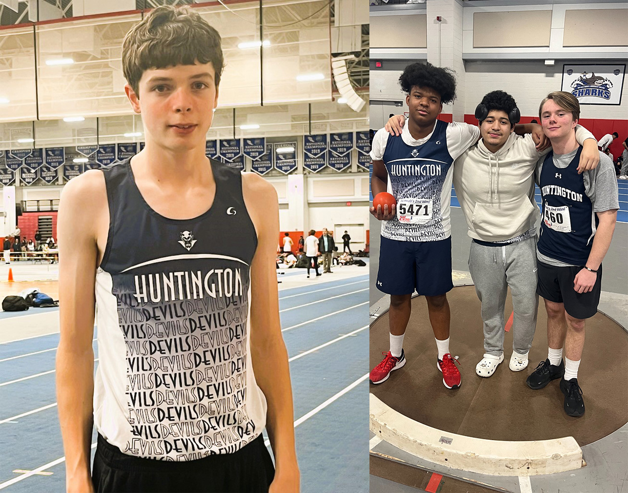  Huntington High School freshman Eric Heinz (left) and Huntington's young throwers (right) captured honors at the invitational.  