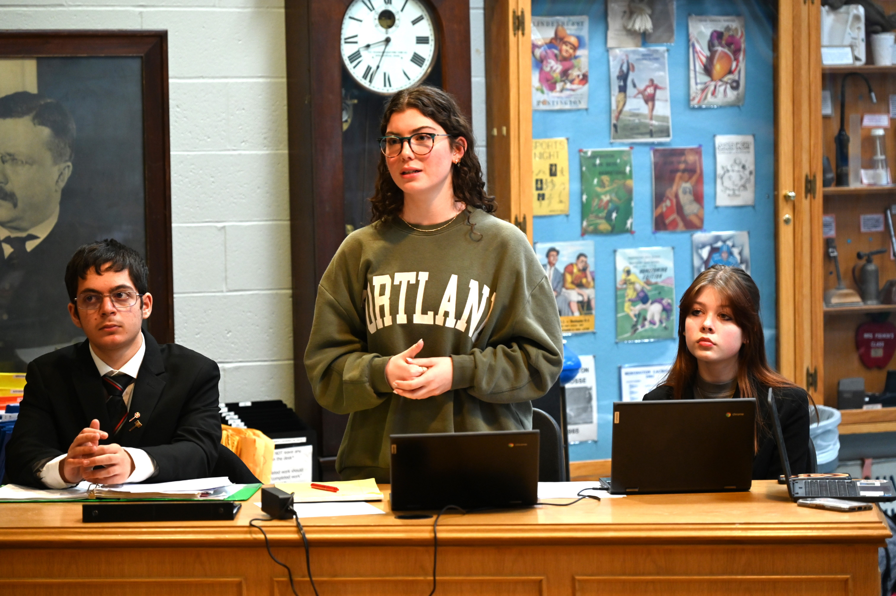  Junior Nina Fascilla stands to argue her case during the scrimmage  