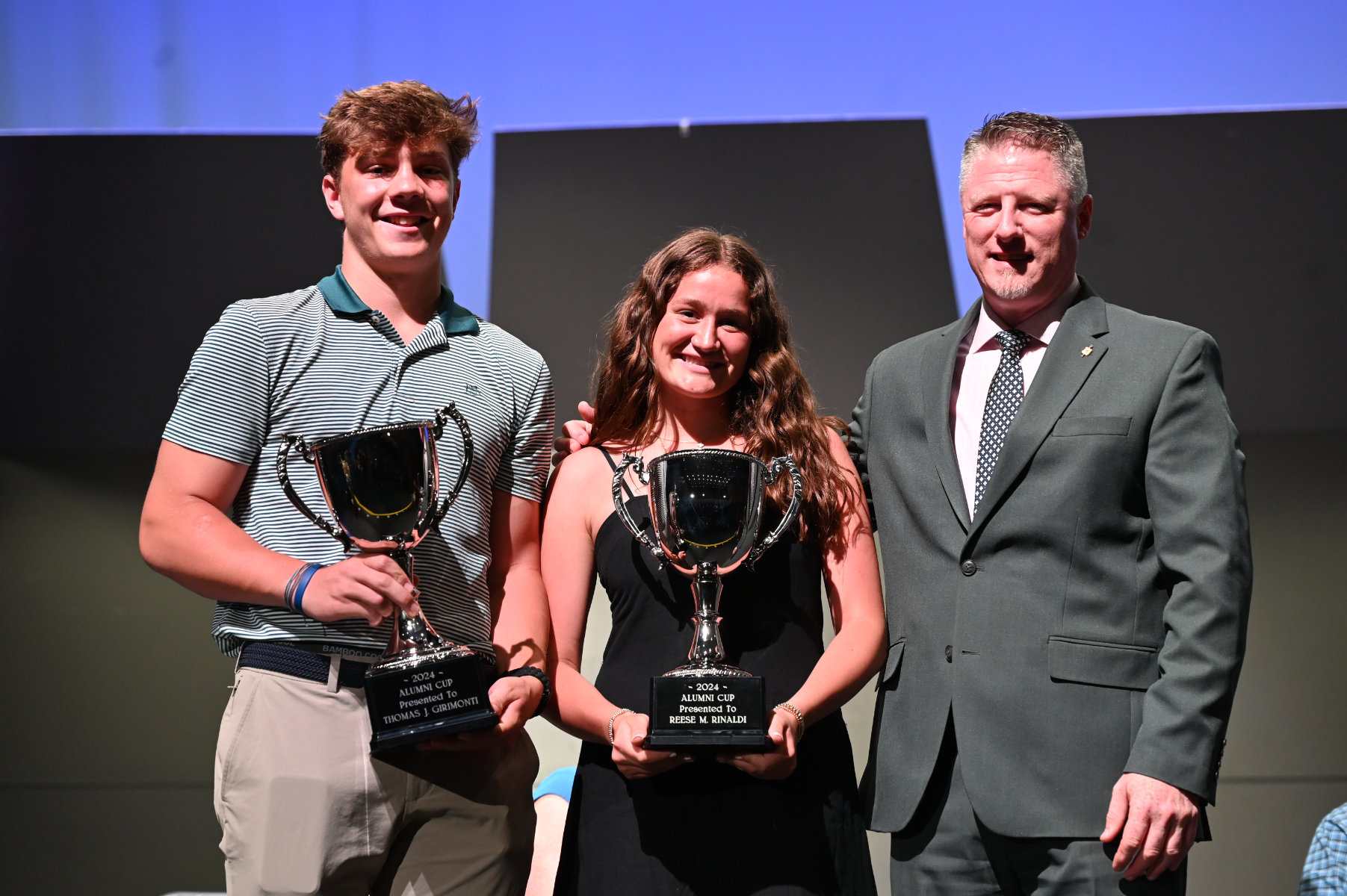  Huntington alumni cup recipients Tom Girimonti and Reese Rinaldi with Principal Brenden Cusack   