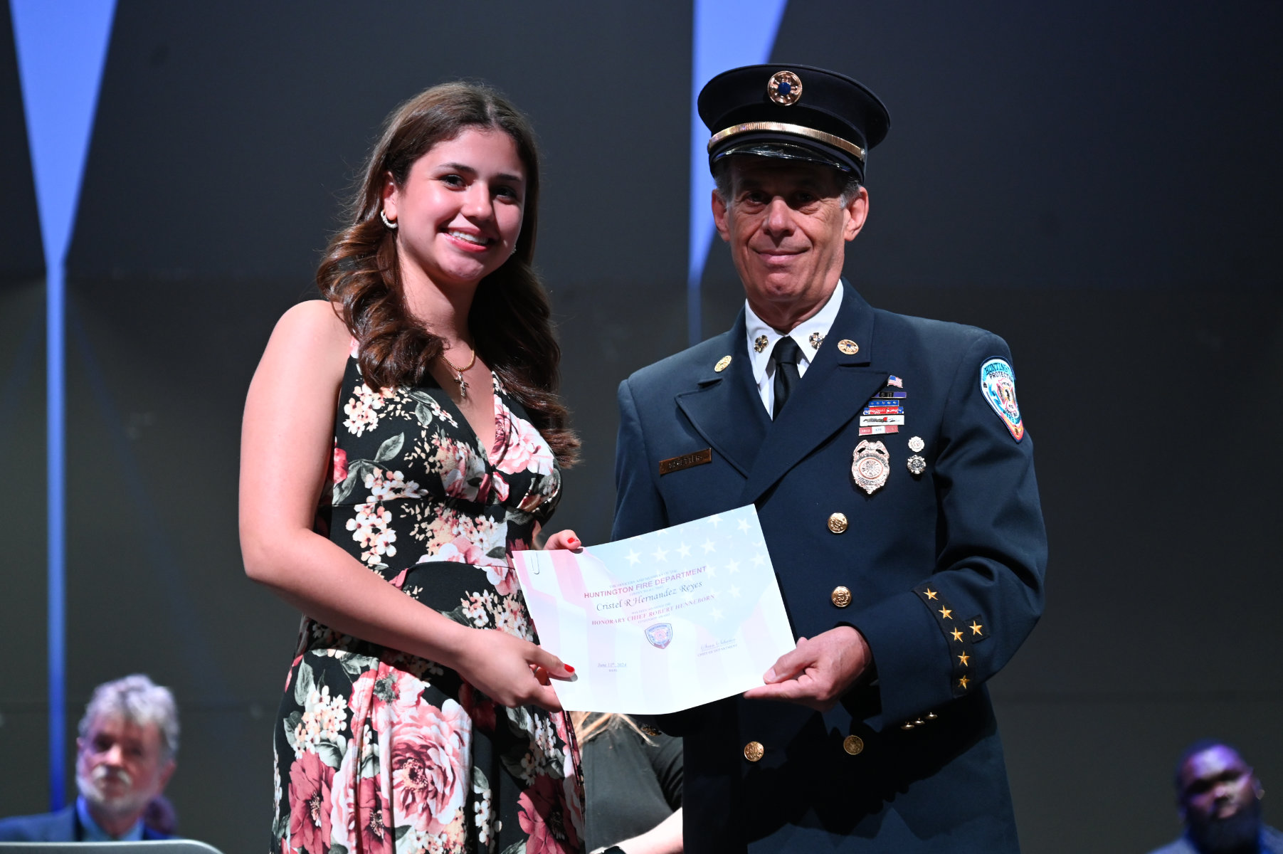  Henneborn Award for Citizenship recipient Cristel Hernandez Reyes with Huntington Fire Dept. Ex-Chief Neil Getter   
