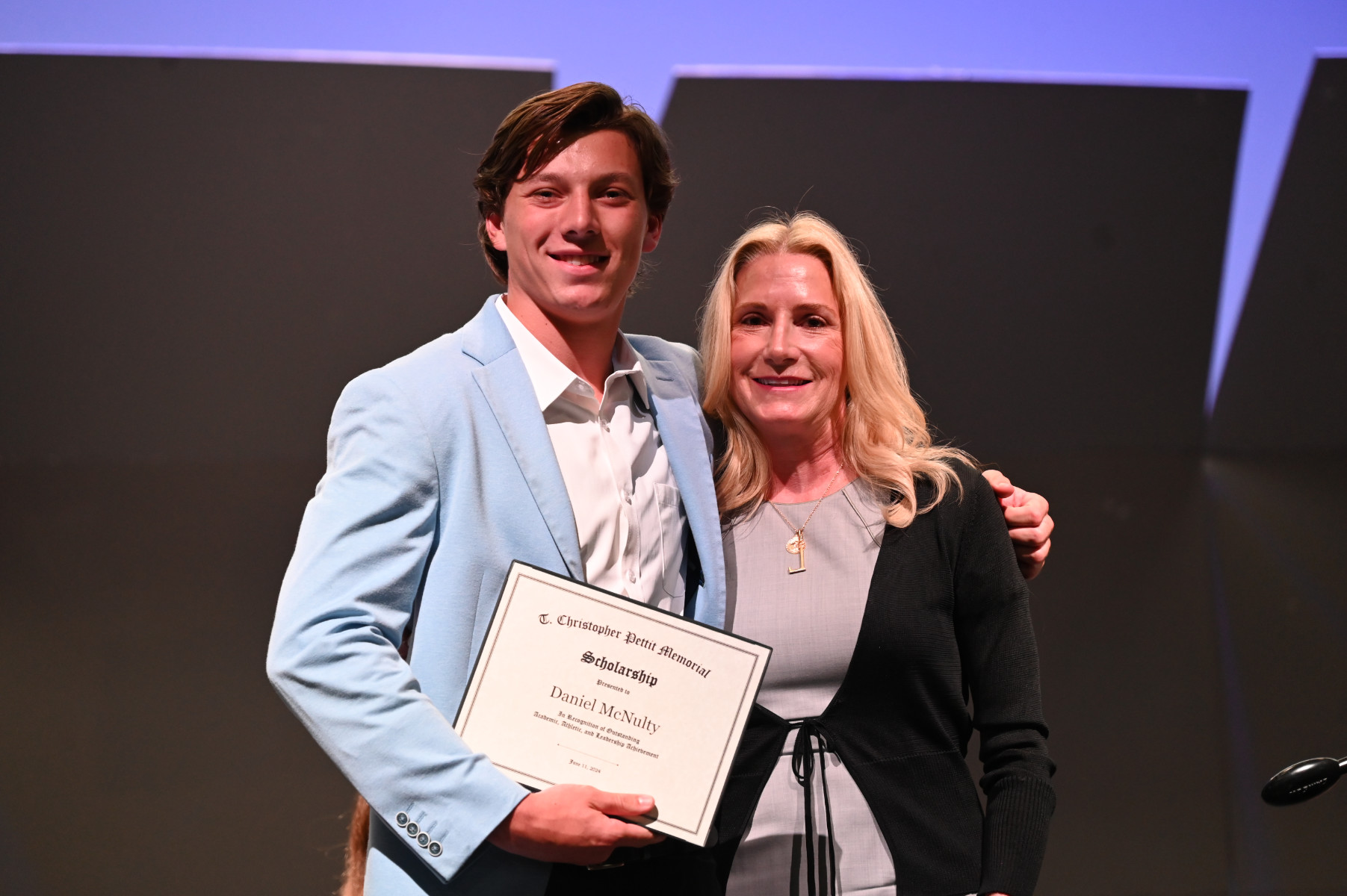  T. Christopher Pettit Memorial Scholarship receipient Daniel McNulty with Lara Pettit-Breingan.    