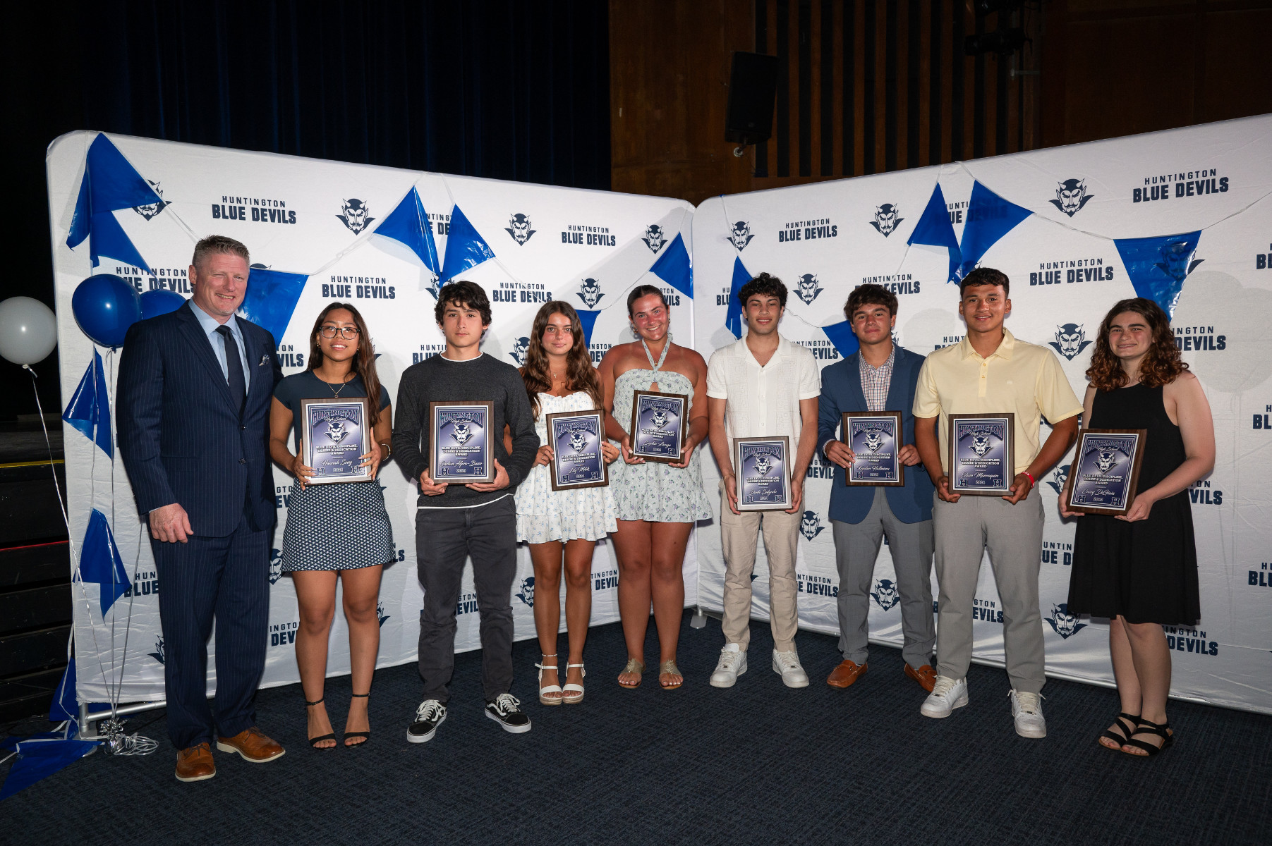  Principal Brenden Cusack with the Blue Devil Discipline, Desire & Dedication Award recipients. (Darin Reed photo.)  