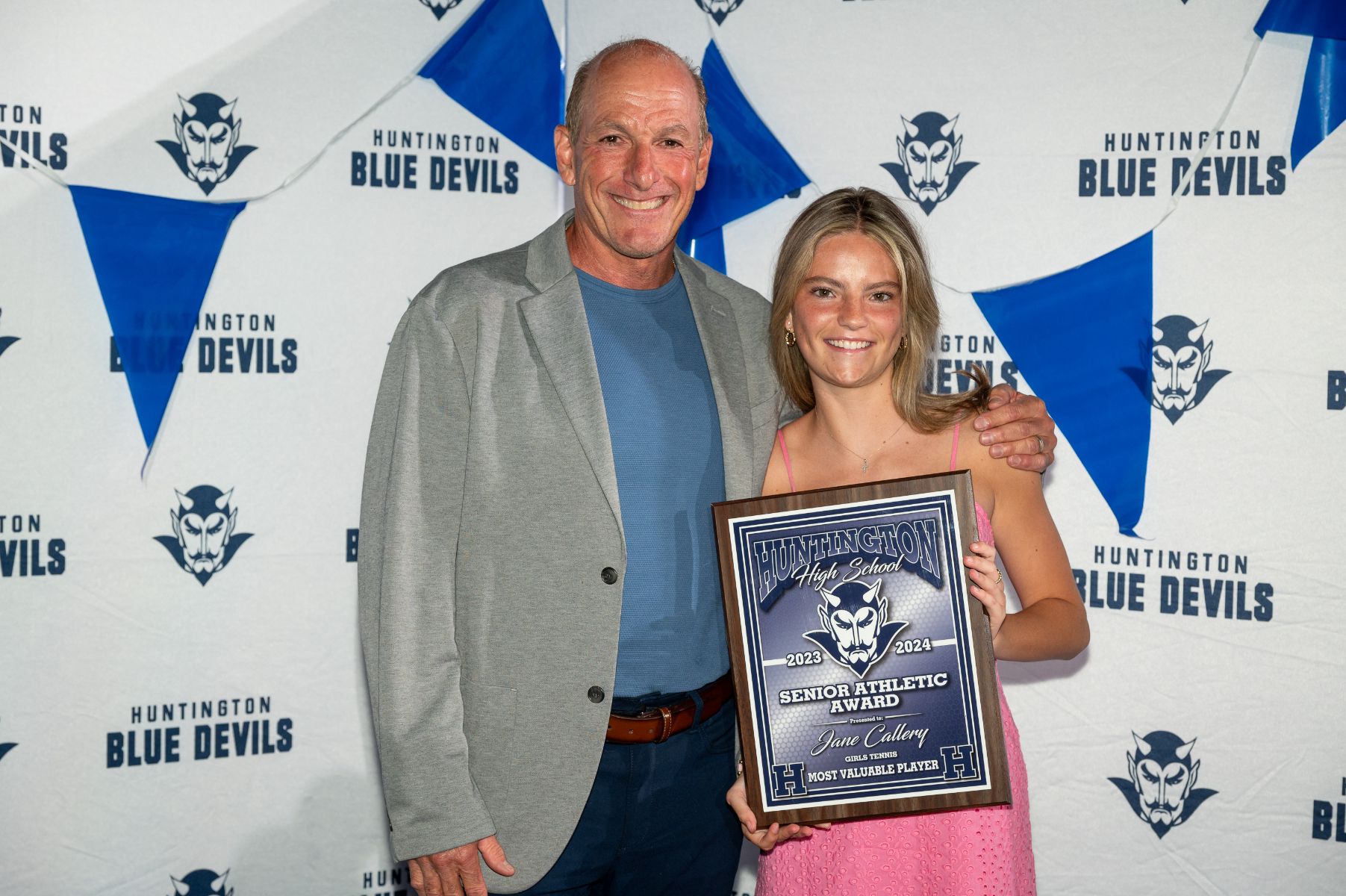  Huntington varsity girls' tennis head coach Jamie Fishlow with senior Jane Callery. (Darin Reed photo.)  