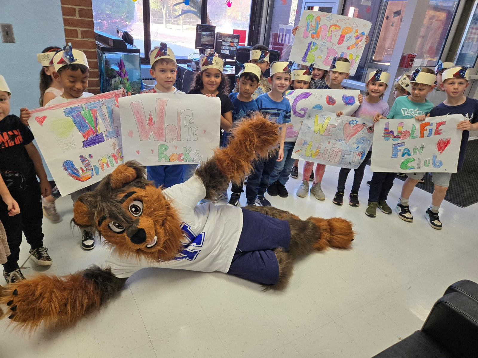  Wolfie was a big hit with the kids at Washington Primary School   