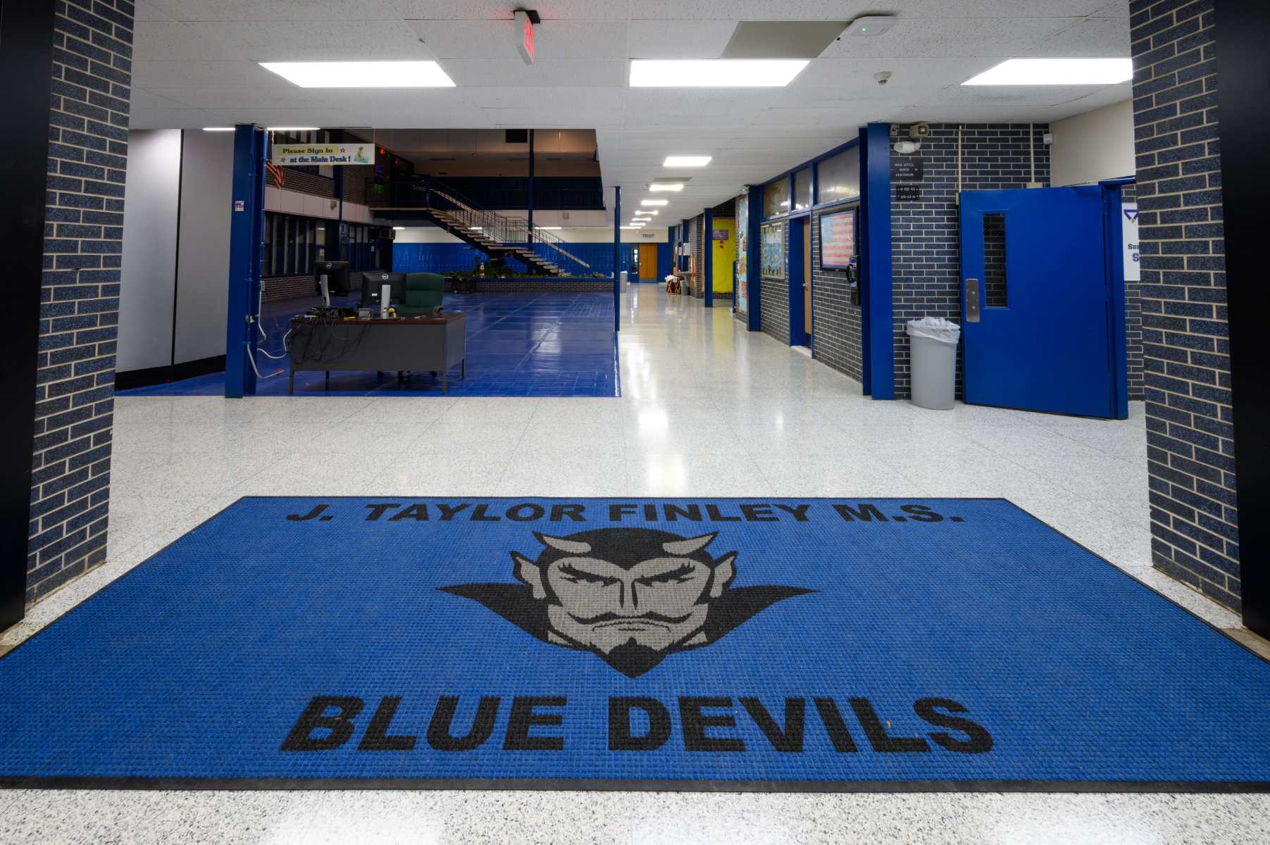 J. Taylor Finley Middle School's main entrance and Blue Zone lobby. (Darin Reed photo.)