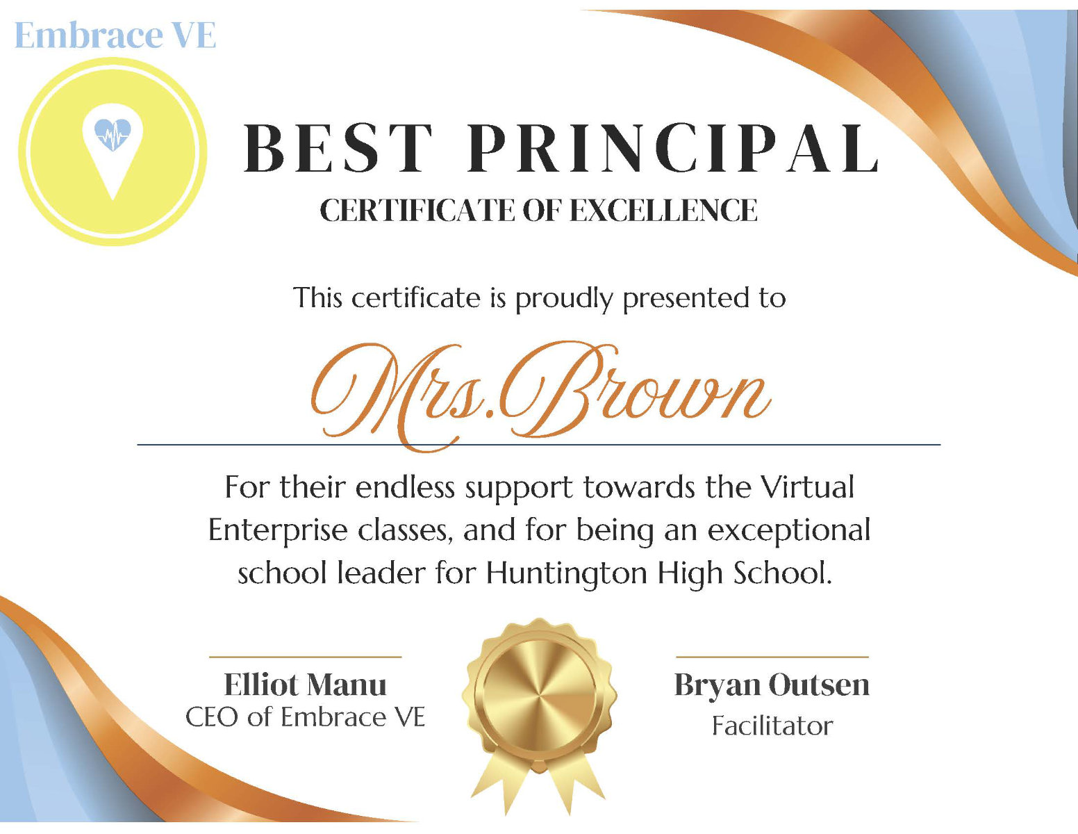  Huntington Virtual Enterprise students garnered honors for creating this award certificate.  