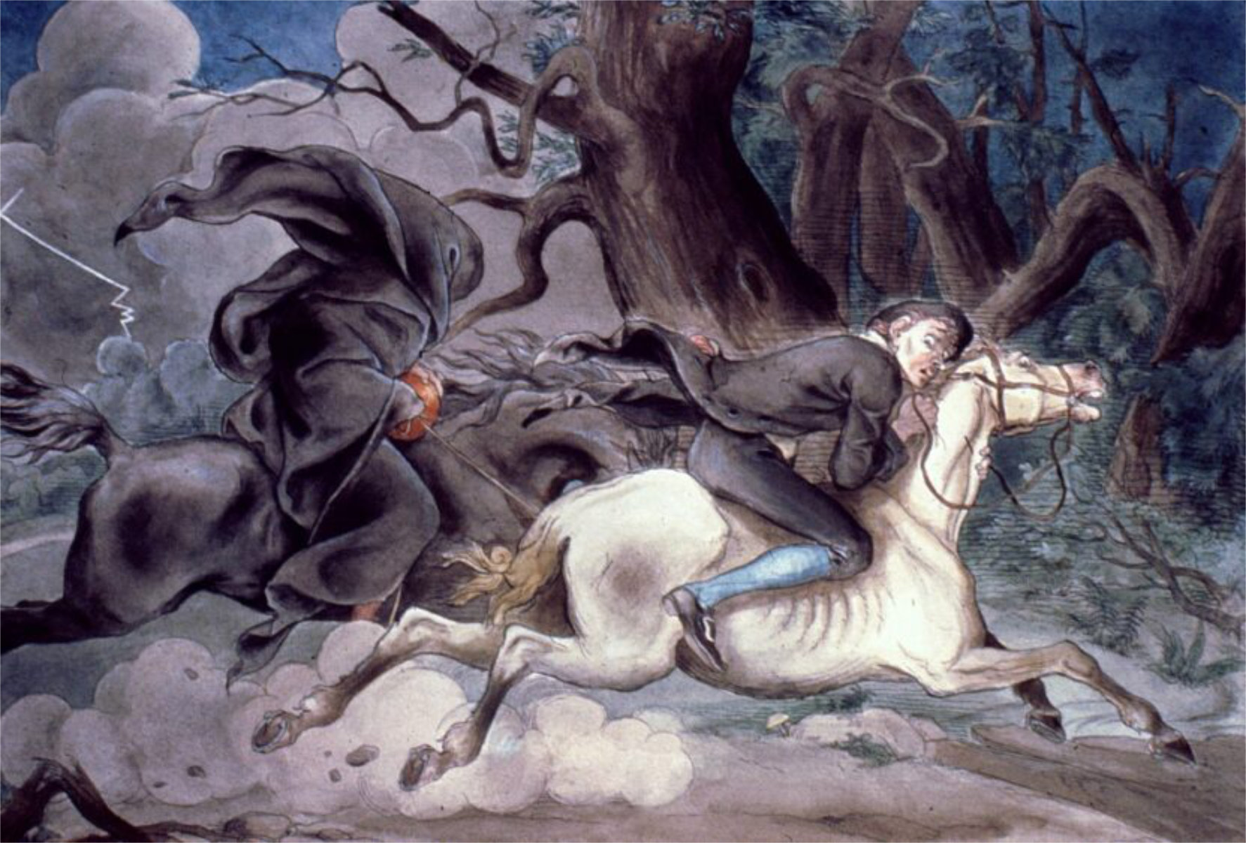 Icabod Crane being pursued by the headless horseman.