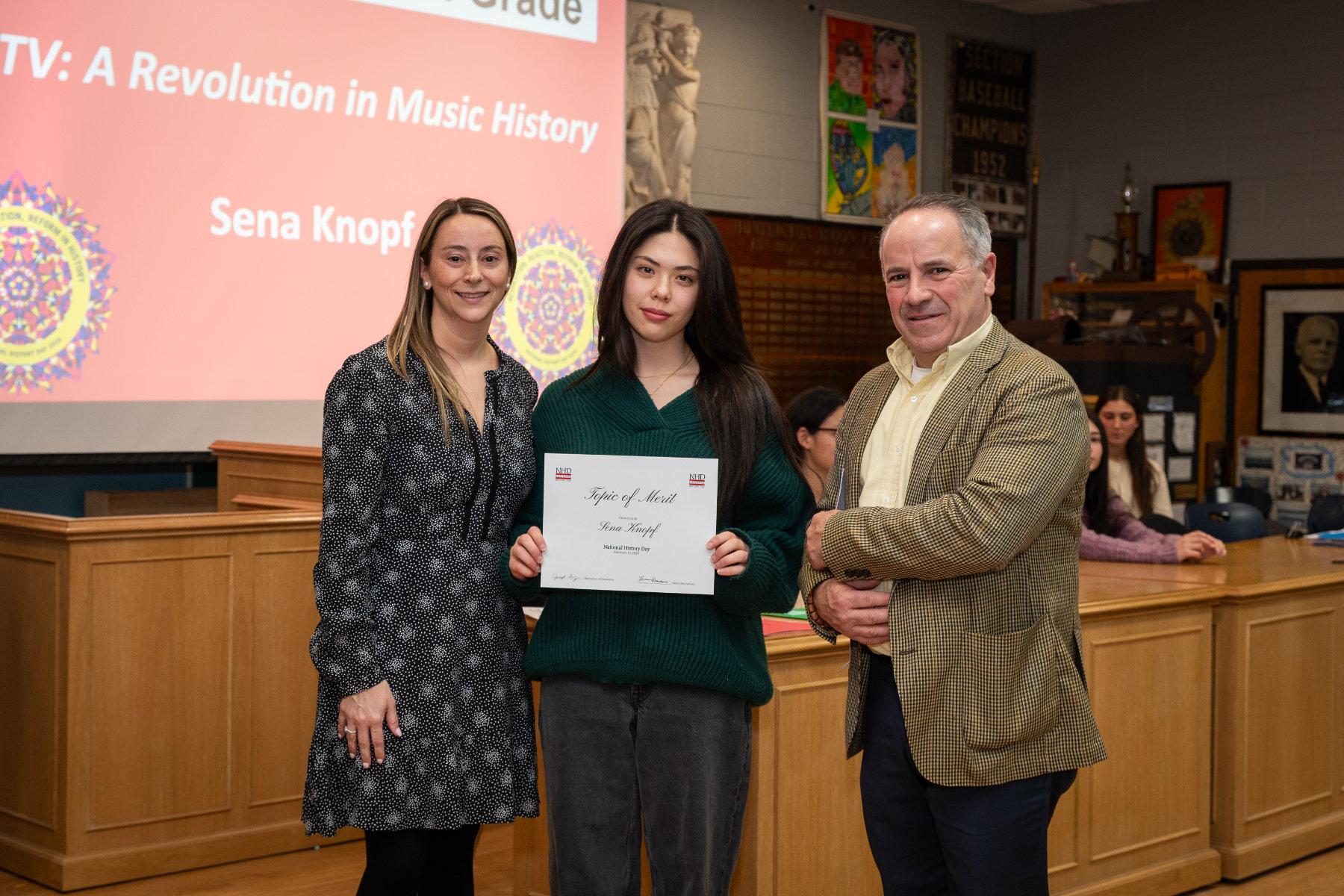  Sena Knopf with NHD advisor Lauren Desiderio and Chairman of Social Studies Joseph Leavy. (Darin Reed photo.)  